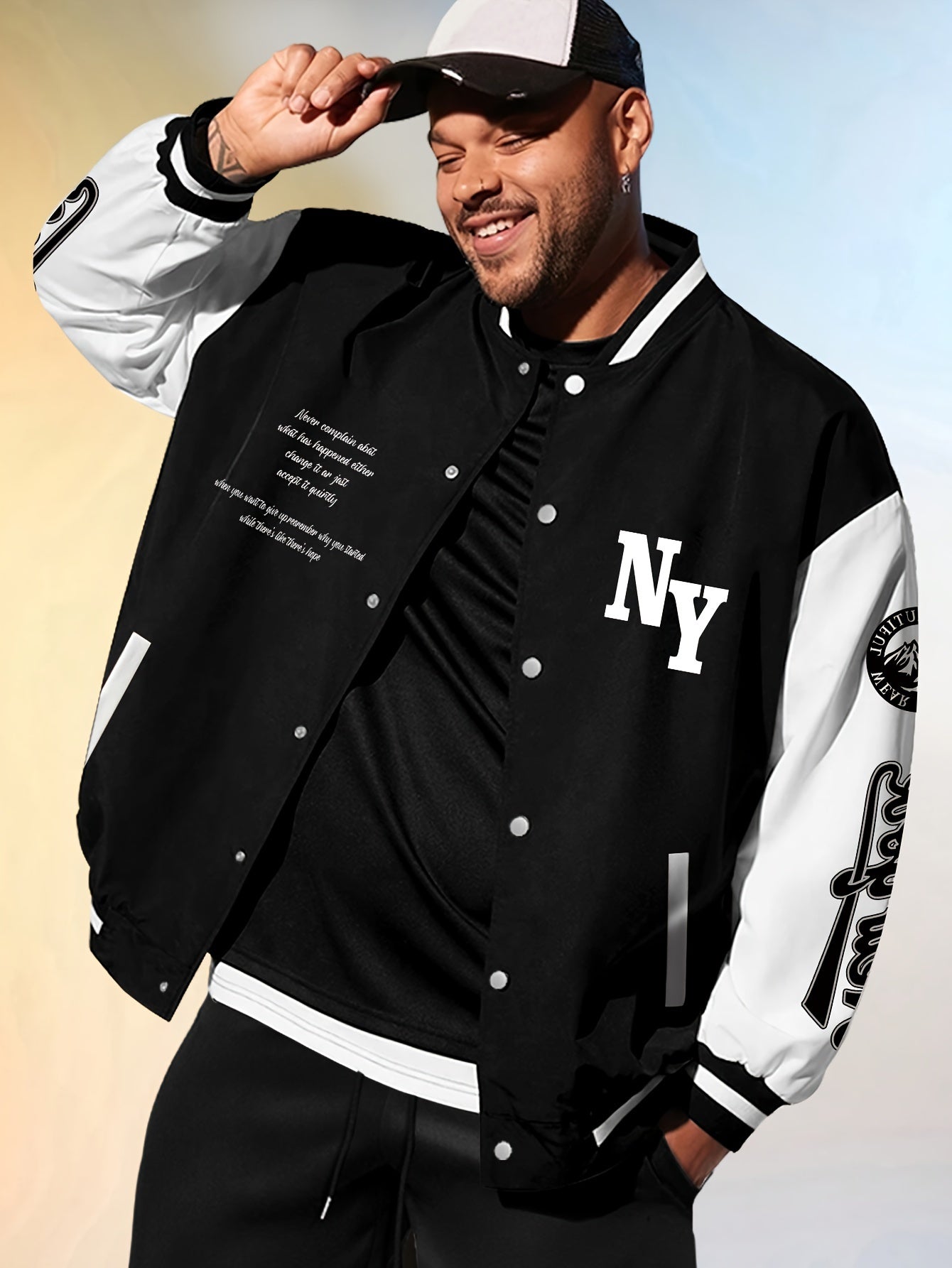 Plus Size NY LETTER PRINT Varsity Style Baseball Jacket With Pockets, Outdoor Cloth