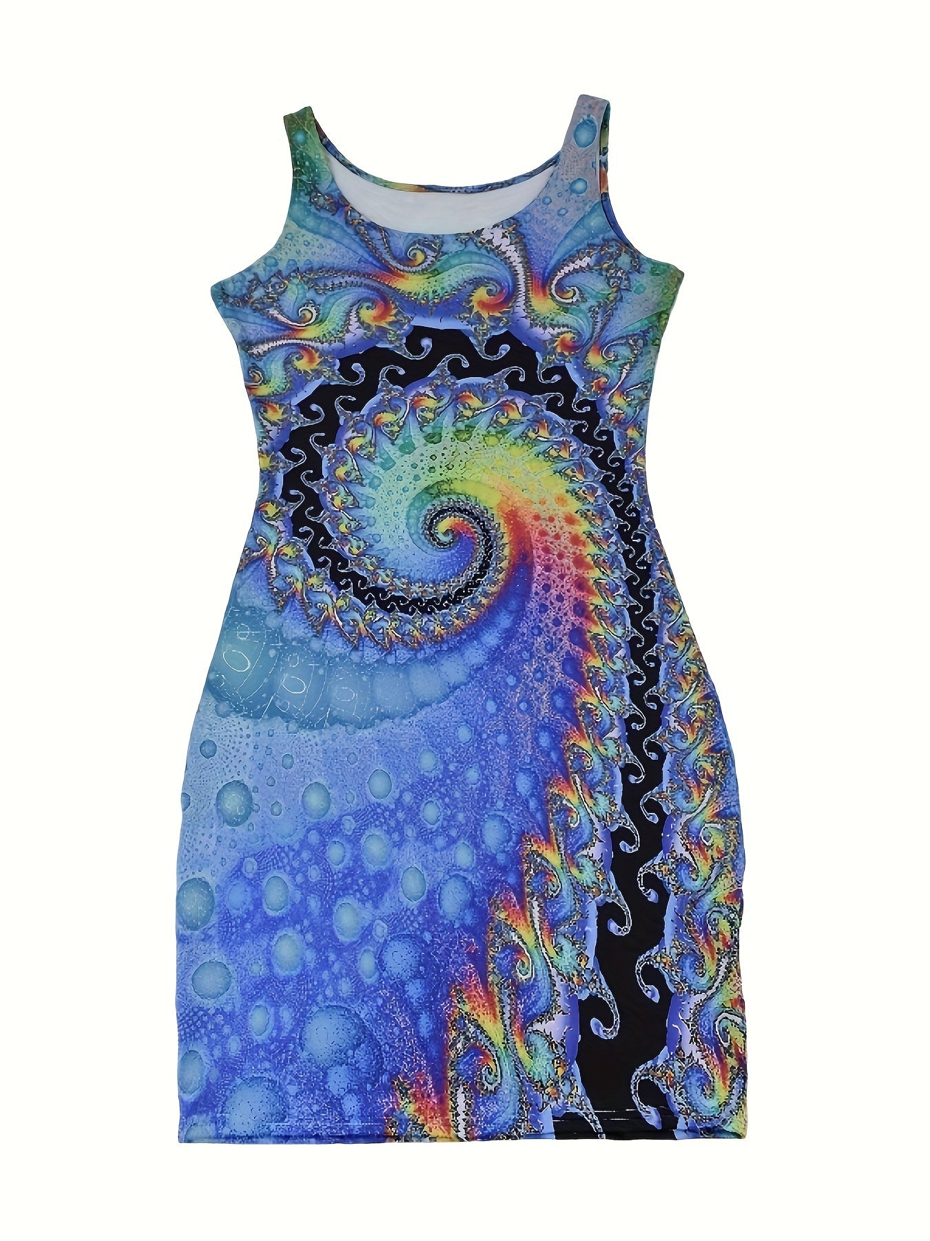 Flattering Abstract Print Sleeveless Tank Dress - Fashion-Forward Casual Style - Figure-Hugging Bodycon Fit - Perfect for Spring & Summer - Comfortable Crew Neckline - Womens Wardrobe Essential