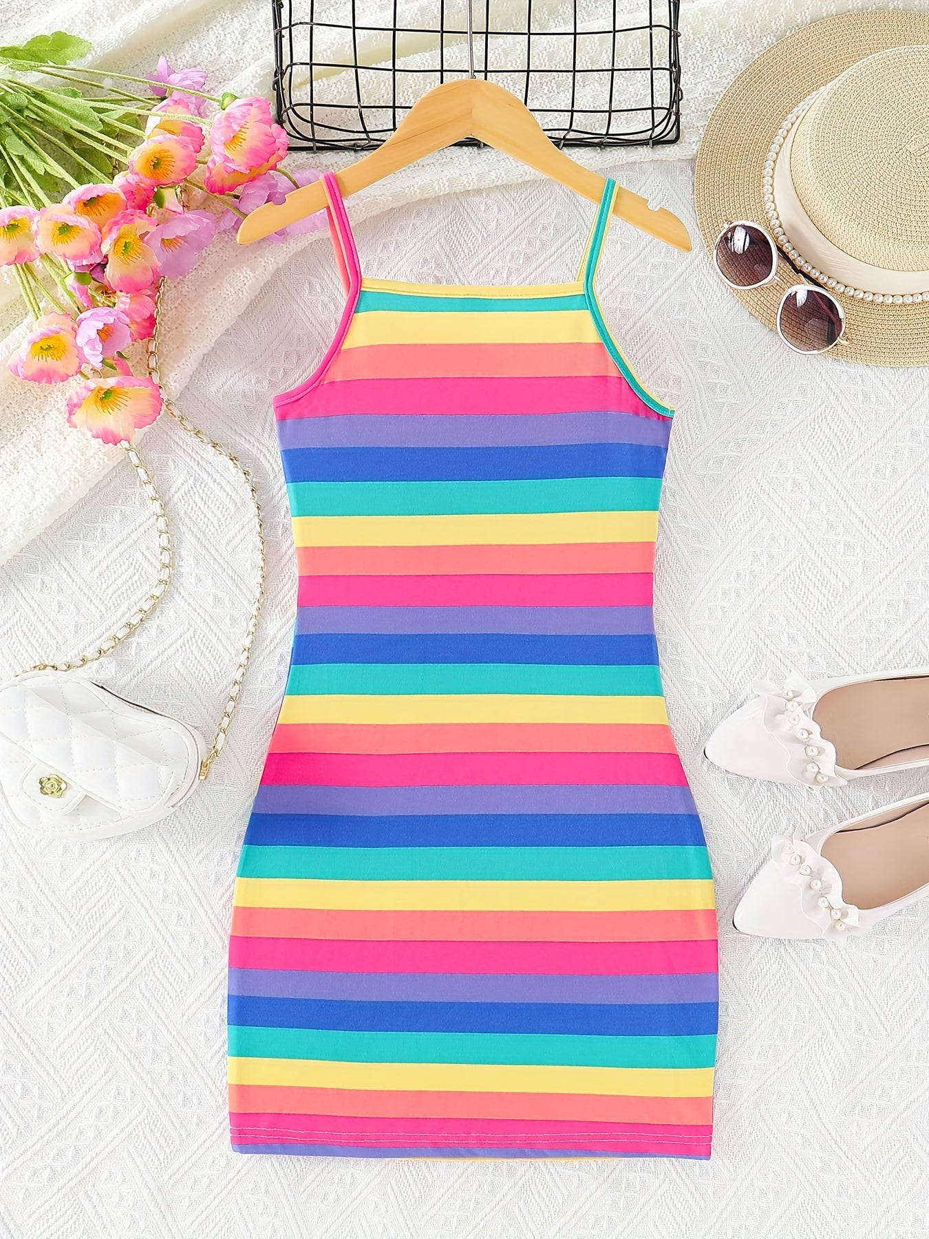 Colorful Stripe Dress - Bodycon Slim Fit Design, Adjustable Spaghetti Straps, Slip-on Style - Perfect for Little Girls and Tweens, Ideal Summer Gift for Birthday Parties, Outdoor Playdates, or Casual Occasions