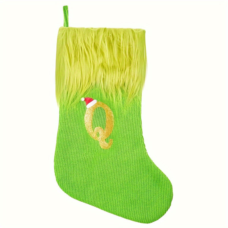 Green Faux Fur Christmas Stockings with Embroidered Letters, 18-inch Festive Holiday Decor, for Home & Party, Polyester, Christmas Decor