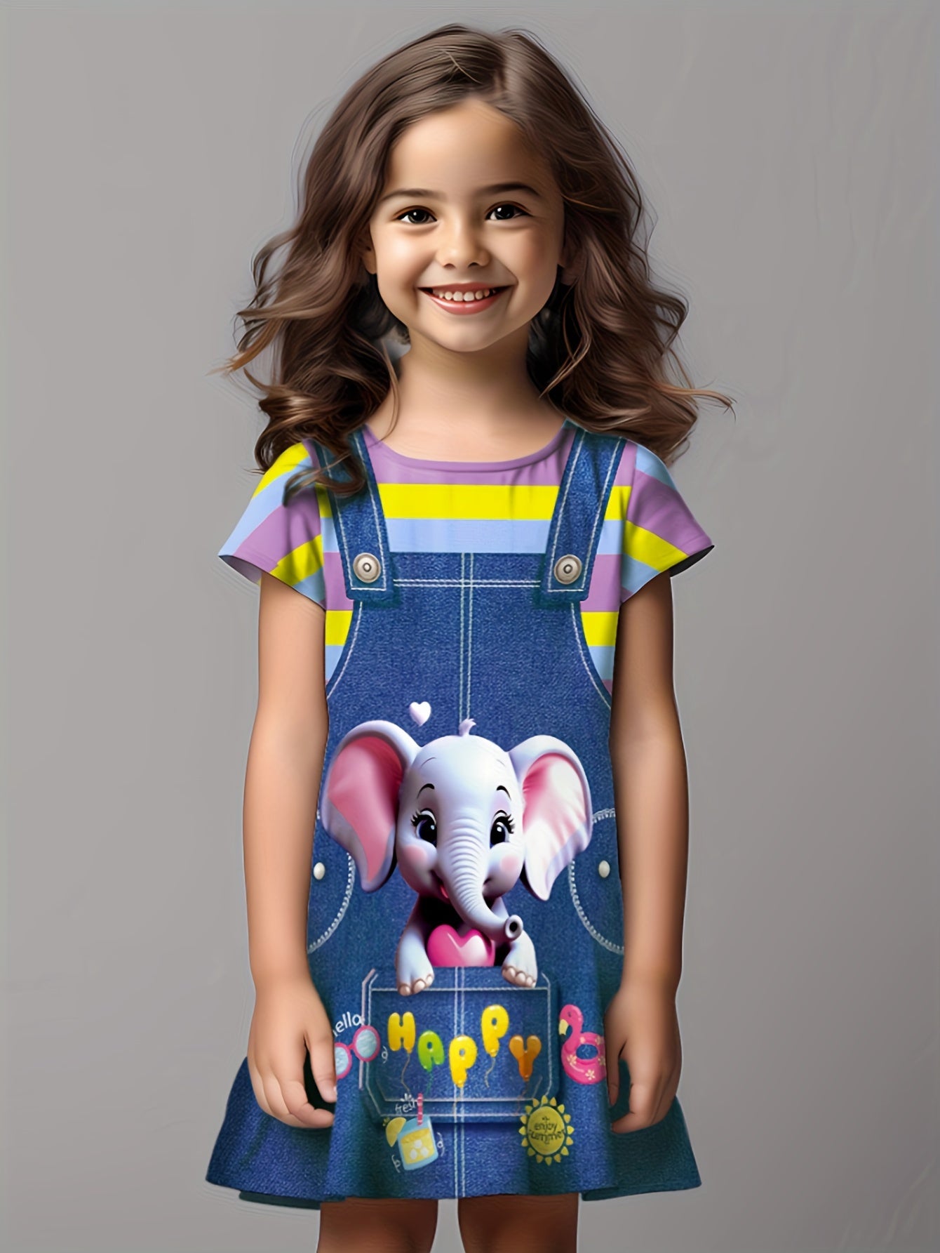 Girls Adorable 3D Elephant Print Striped Dress - Fashionable & Comfortable Crew Neck Summer Wear for Parties & Gifts