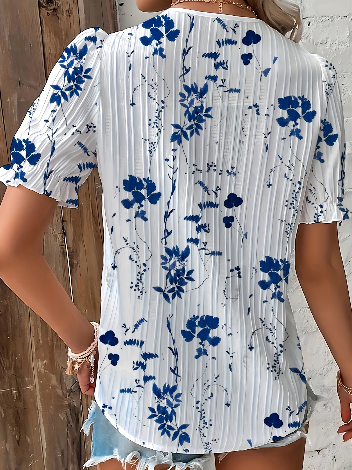 ZllKl Floral Print Lace Trim Blouse, Vacation Striped V Neck Short Sleeve Blouse, Women's Clothing