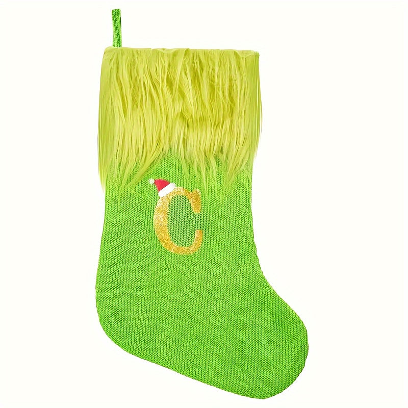 Green Faux Fur Christmas Stockings with Embroidered Letters, 18-inch Festive Holiday Decor, for Home & Party, Polyester, Christmas Decor