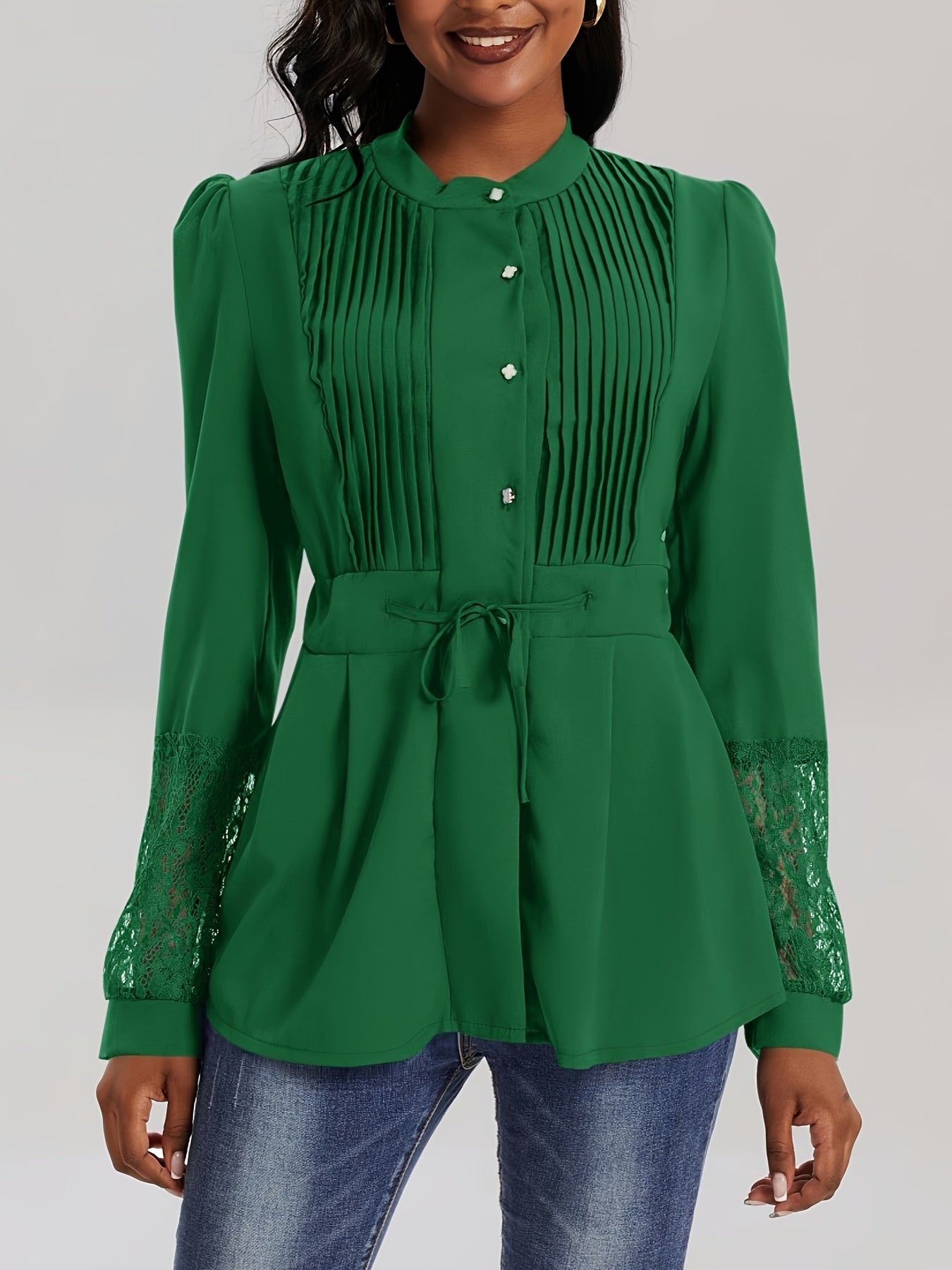 Elegant Lace Blouse - Long Sleeve, Mock Neck, Pleated Contrast Design, Women's Clothing for Chic Style
