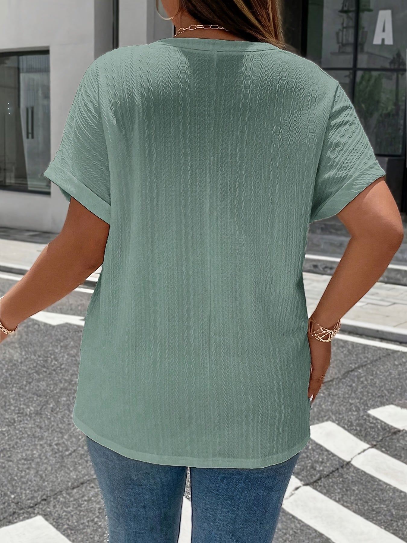 ZllKl Plus Size Simple Solid Blouse, Casual V Neck Short Sleeve Blouse For Spring & Summer, Women's Plus Size Clothing