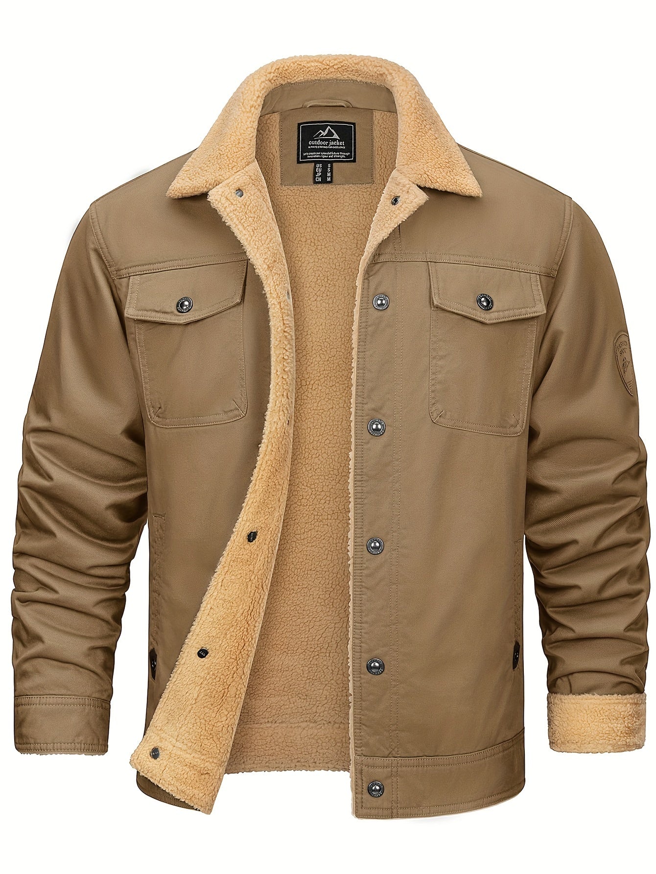 Men's Plus Size Lapel Fleece Jacket Coat Winter Windproof Metal Button Fleece Lined Warm Jacket Adjustable Snap Button Cuffs And Hem Multiple Pockets Soft And Comfortable For Traveling Work Motorcycle Riding Hiking Camping Golf Fleece Warm Jacket