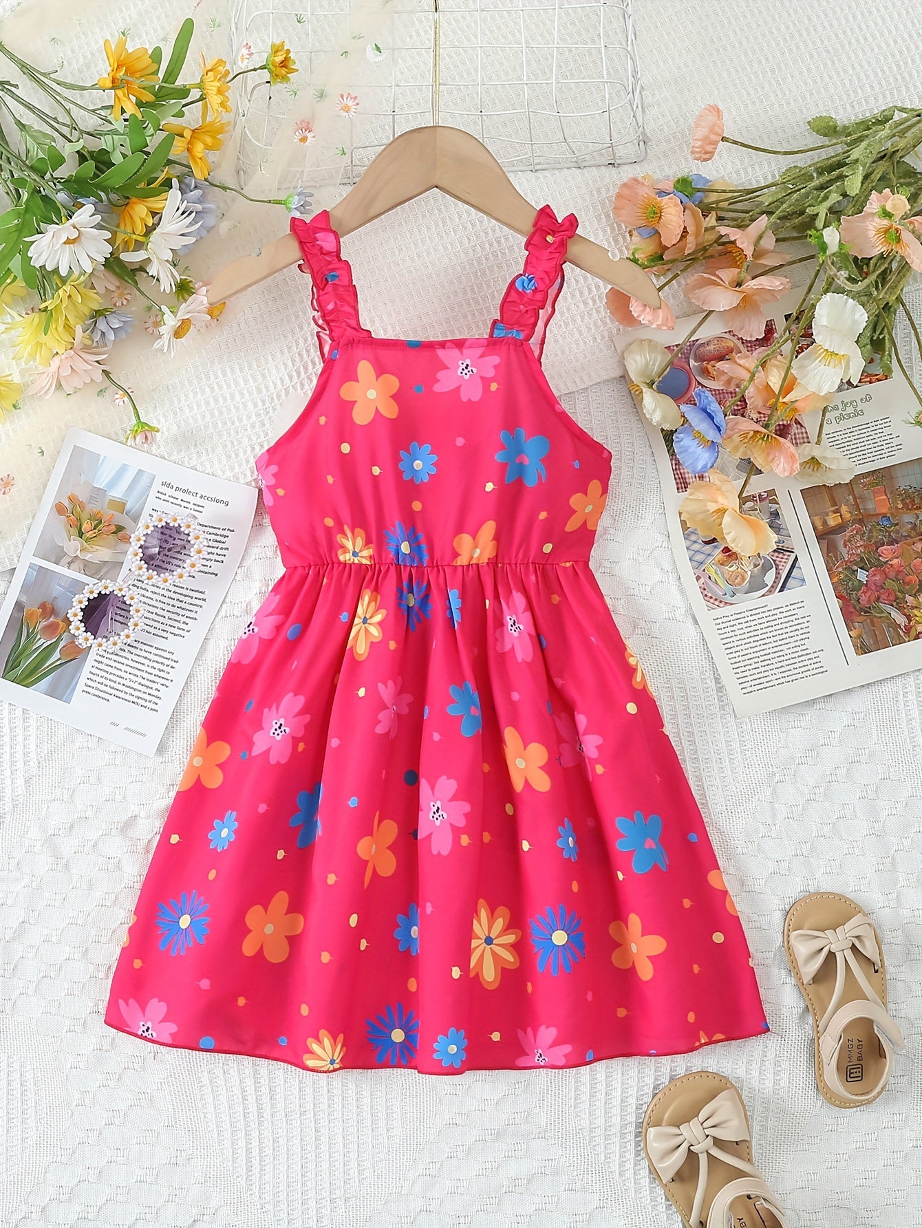 Chic Summer Floral Girls' Dress - Comfortable, Woven Fabric with Ruffle Detail & Playful Suspender Straps