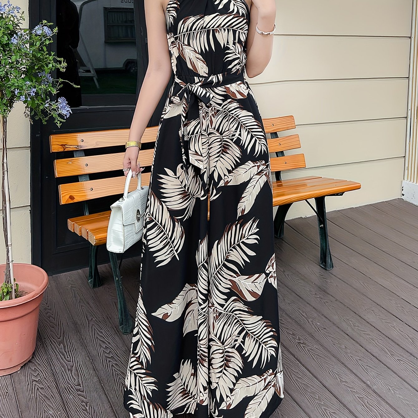 Long Print Tie Backless Halter Culottes Jumpsuit - Elegant Wide Leg, Belted, Polyester, Random Print, Strapless, Long Length, Sexy, Summer Outfit for Women - Customized, Woven, No Elasticity, No Sheer