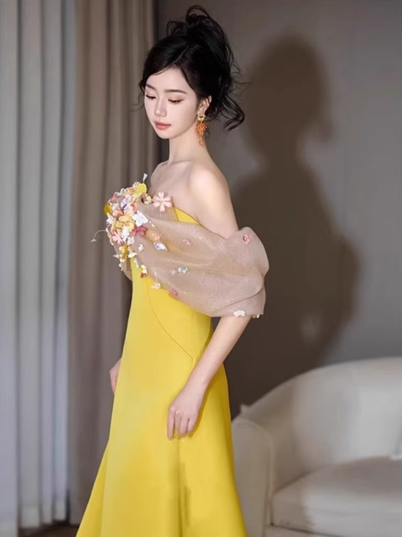 Yellow morning robe female bride morning shot shoulder evening dress student day adult ceremony super fairy temperament host art exam skirt
