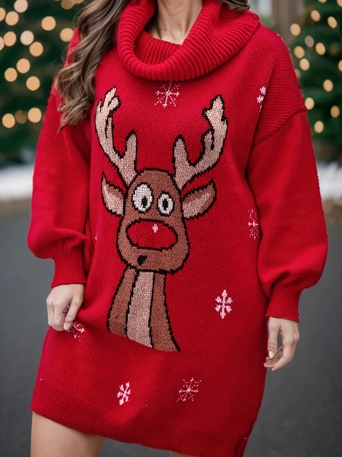 Plus Size Christmas Pattern Casual Long Sleeve Turtle Neck Sweater Dress for Fall & Winter Women's Clothing