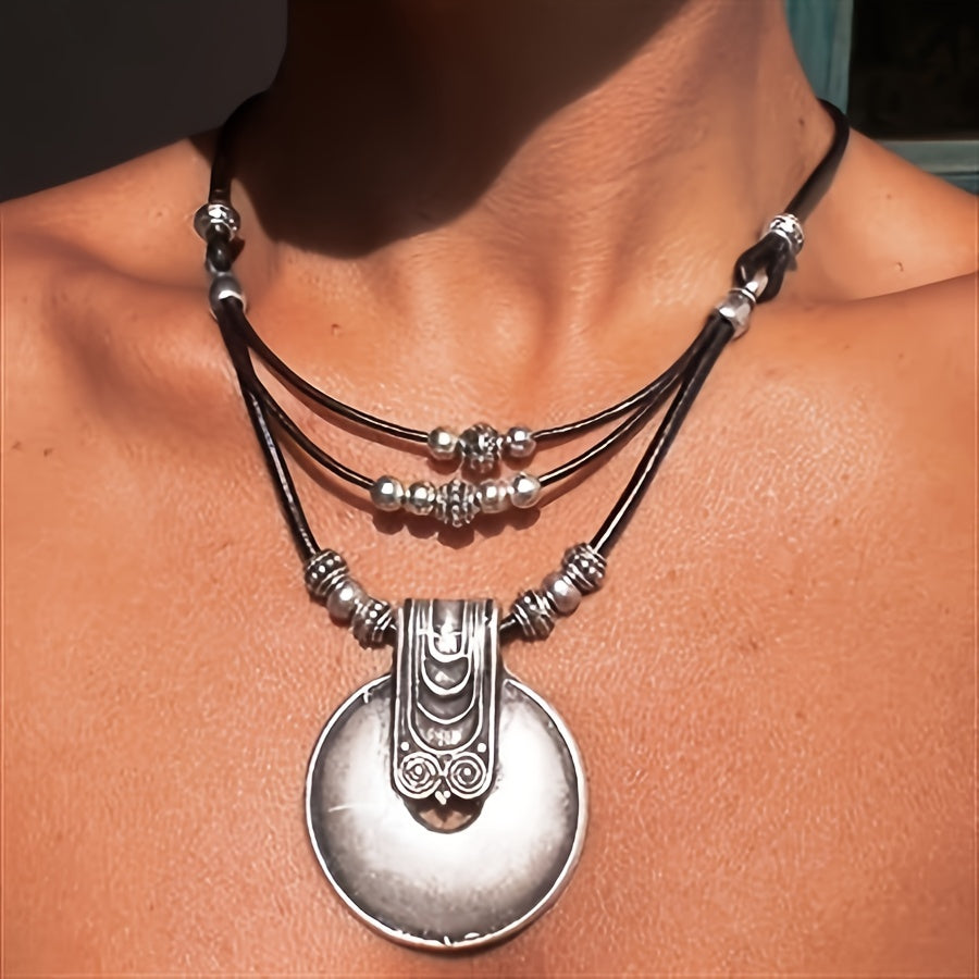 Bohemian Beach Style Round Alloy Pendant Necklace Vintage Ladies Necklace Party Jewelry Gift