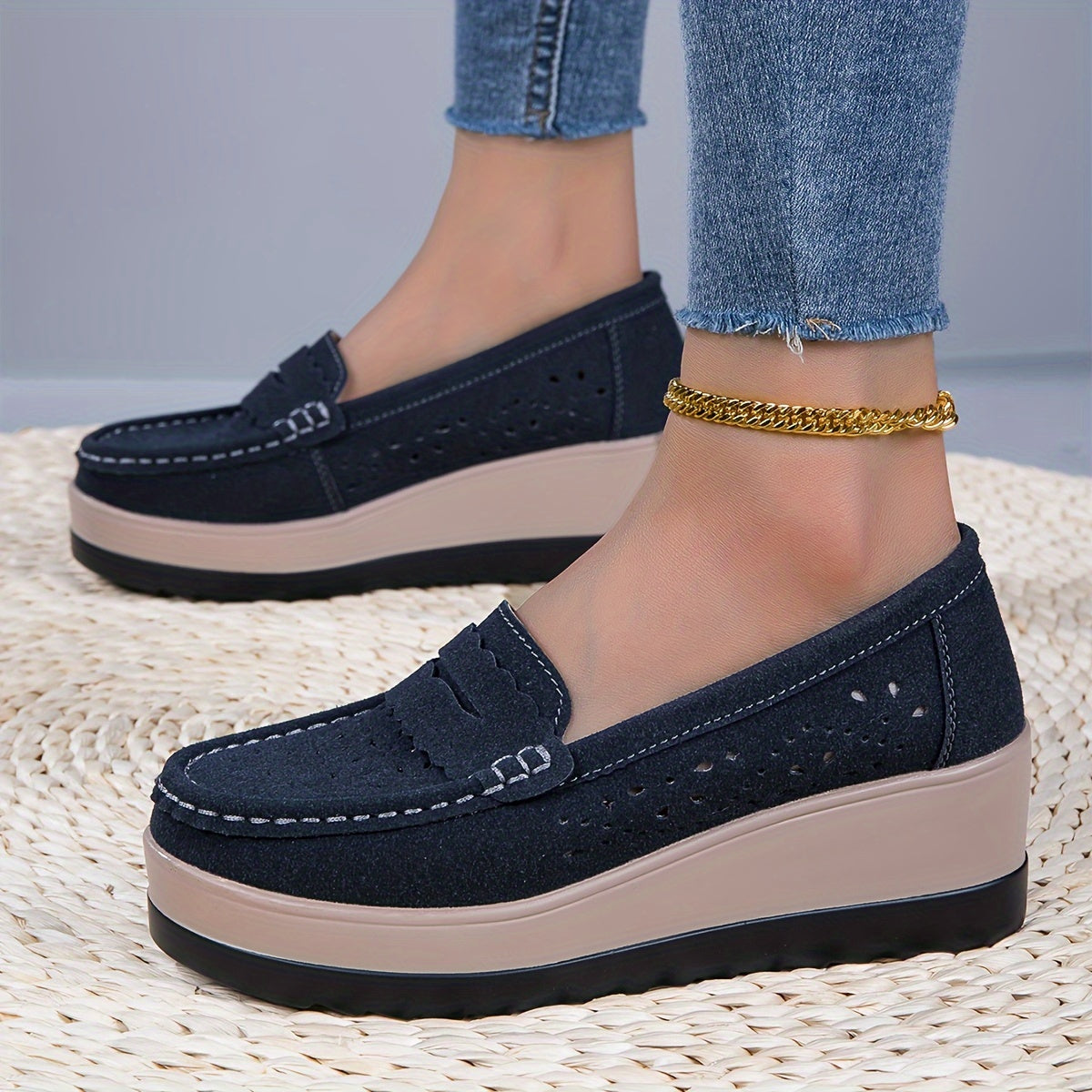 Stylish Womens Hollow Wedge Loafers - Breathable, Soft, and Comfortable Round Toe Slip-On Shoes with Casual Soft Sole for Outdoor and Daily Wear - Perfect for Spring and Summer