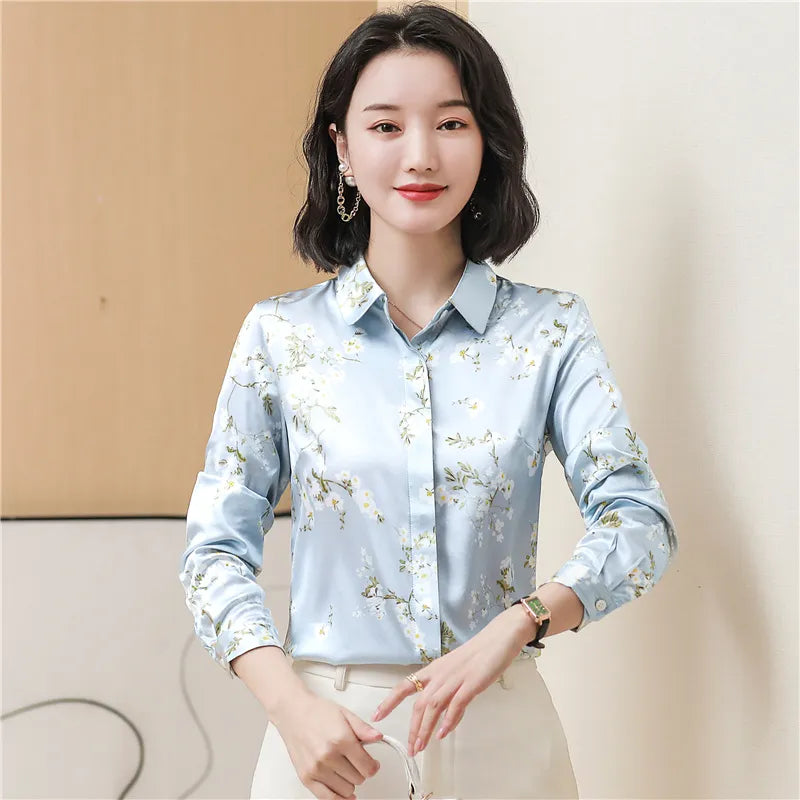 Luxury Designer Print Classic Satin Shirt Plus Size Women Fashion Long Sleeve Button Front Shirts Spring Autumn Ladies Runway Lapel Blouse Elegant Silk Tops