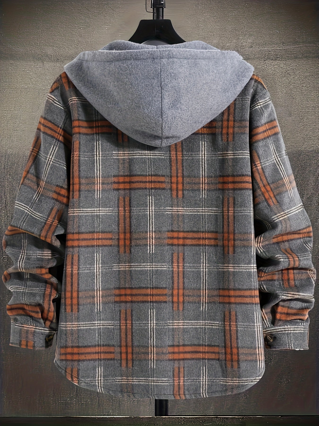 Men's Casual Plaid Hooded Jacket - Color Block, Button-Up Long Sleeve Outerwear with Pockets, PLUS SIZE