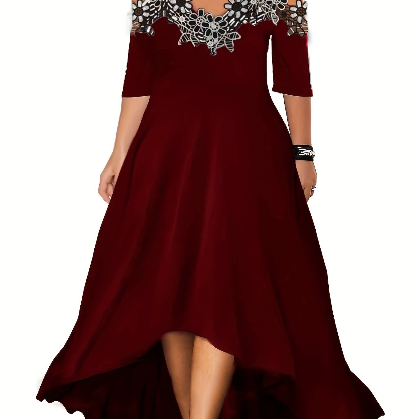 Plus Size Floral Chic V Neck Cold Shoulder Lace Stitching Dress - Elegant Short Sleeve Women's Clothing for Special Occasions - Perfect for Summer, Party, Wedding, and Date Night