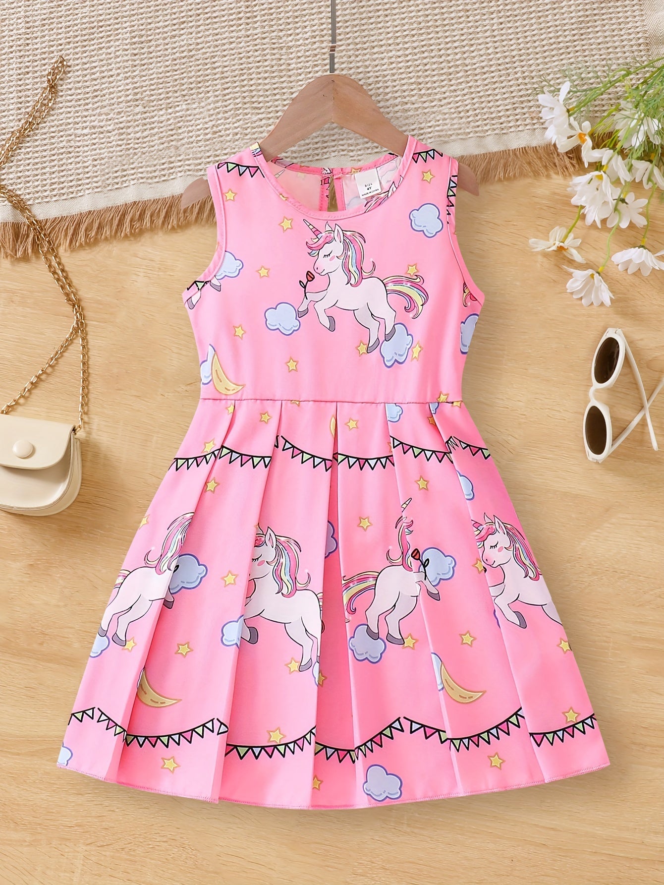 Adorable Girls Unicorn Cartoon Print Sleeveless Tunic Dress - Soft Polyester, Regular Fit, Machine Washable - Perfect for Summer Holidays and Casual Occasions