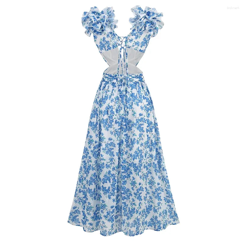 Casual Dresses Women Summer Floral Holiday Dress Elegant Sleeveless V Neck Cut Out Appliques Long High Street Going Party