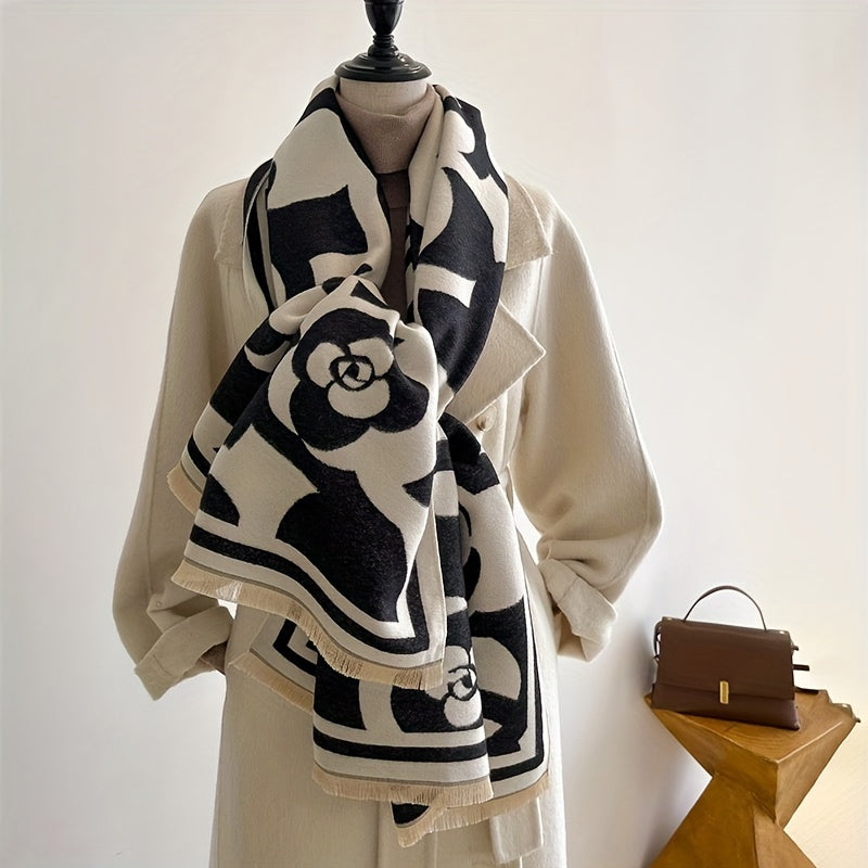 Winter Soft Warm Versatile Fringe Shawl Blanket Scarf - Fashion Scarves with Black and White Camellia Jacquard Pattern, Super Cozy, Lightweight, and Chic - Perfect for Cold Weather, Outdoor Activities, and Daily Wear