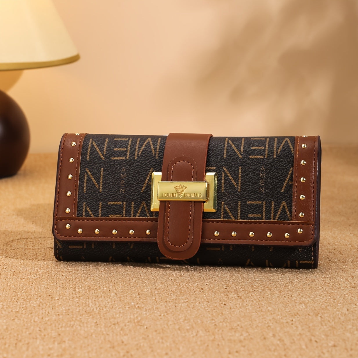 Trendy Classic Long Clutch Wallet, Vintage Print Colorblock Rivets Decor Trifold Coin Purse For Women