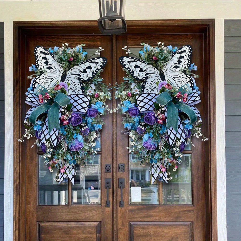 Artificial Spring Wreath Flowers Swag with Fake Butterflies Front Door Wreath