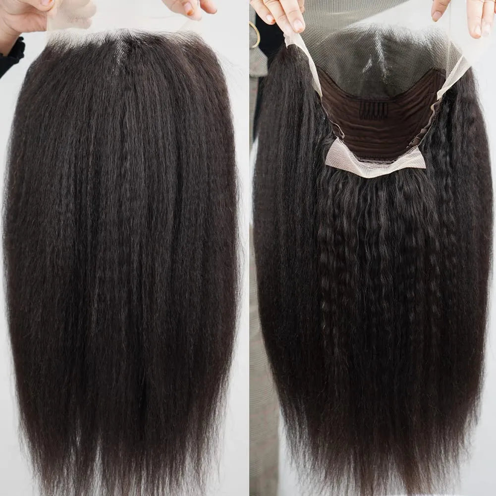 Mongolian Hair Black Kinky Straight Wigs For Black Women Glueless Human Hair Wig Yaki HD Transparent Glueless Full Lace Front Wig Pre Plucked