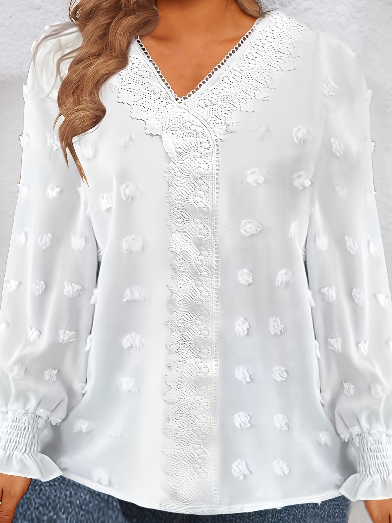 Plus Size Women's V-Neck Blouse - Elegant Swiss Dot & Lace Trim - Flowy Long Sleeve - Ideal for Spring & Fall Fashion