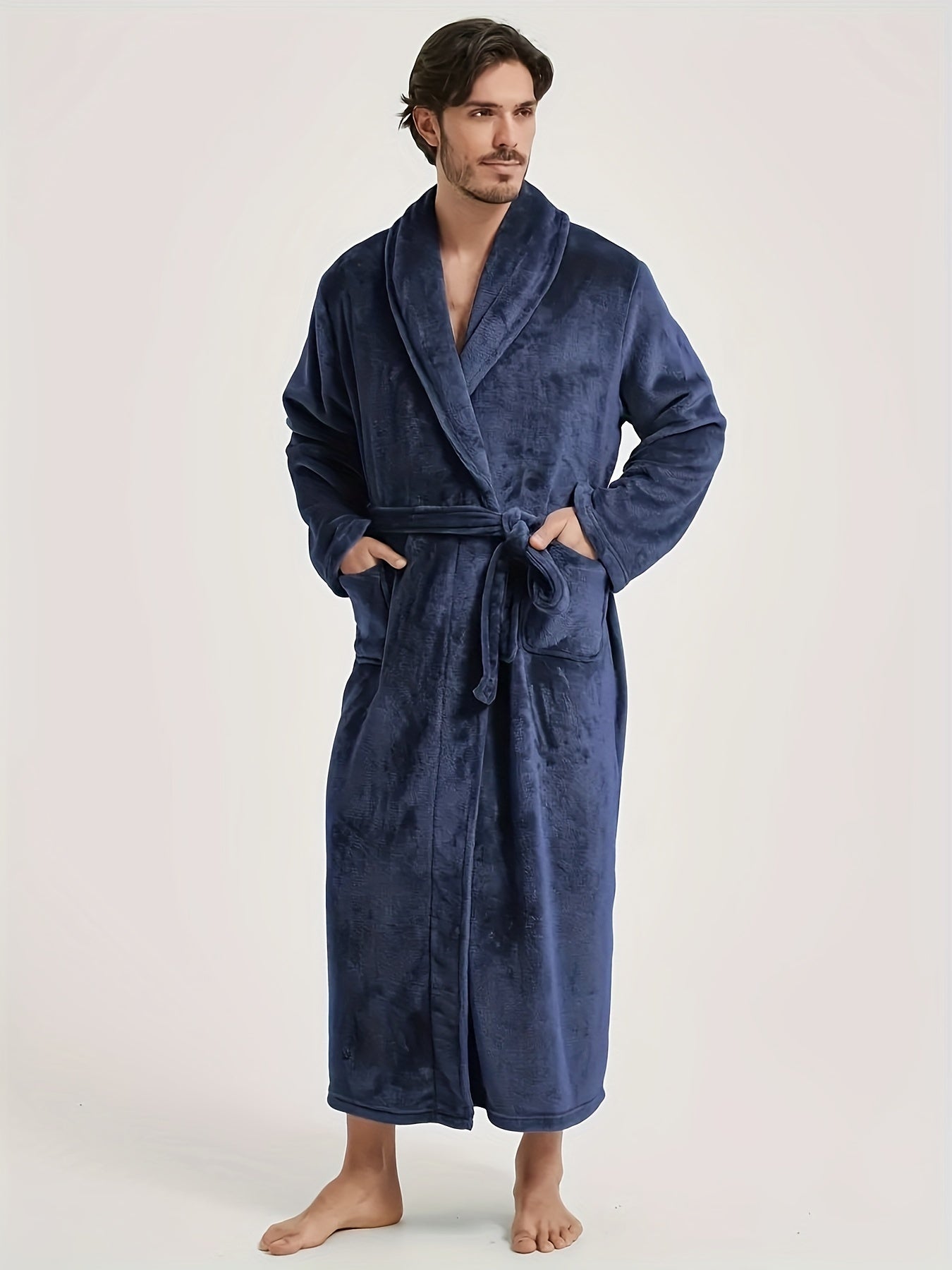 Super- Stylish Men's Flannel V-neck Loose Robe, Soft Fleece Elegant Long Sleeve Lounge Wear, For Autumn/Winter