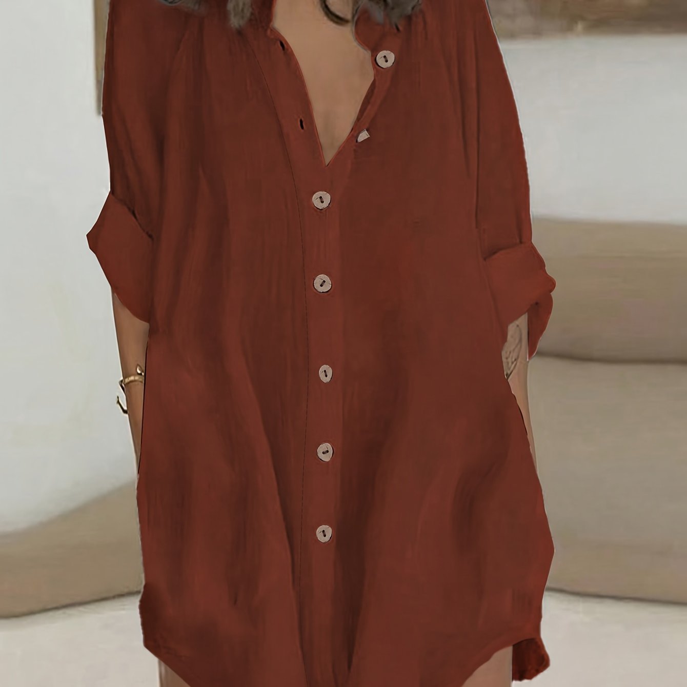 ZllKl Plus Size Simple Solid Shirt, Casual Button Front Long Sleeve Shirt, Women's Plus Size Clothing