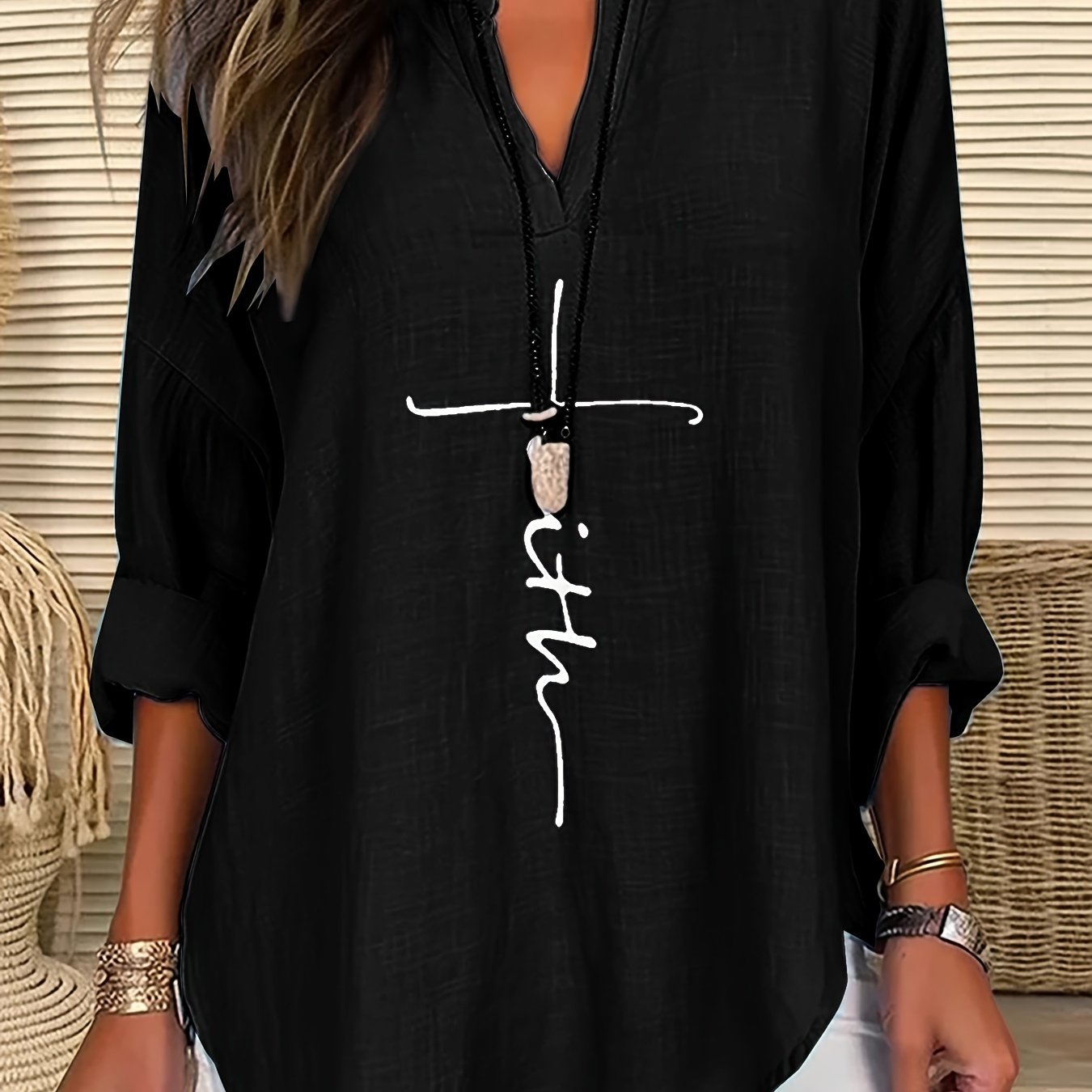 ZllKl Letter Print Notch Neck Blouse, Casual Long Sleeve Blouse For Spring & Fall, Women's Clothing