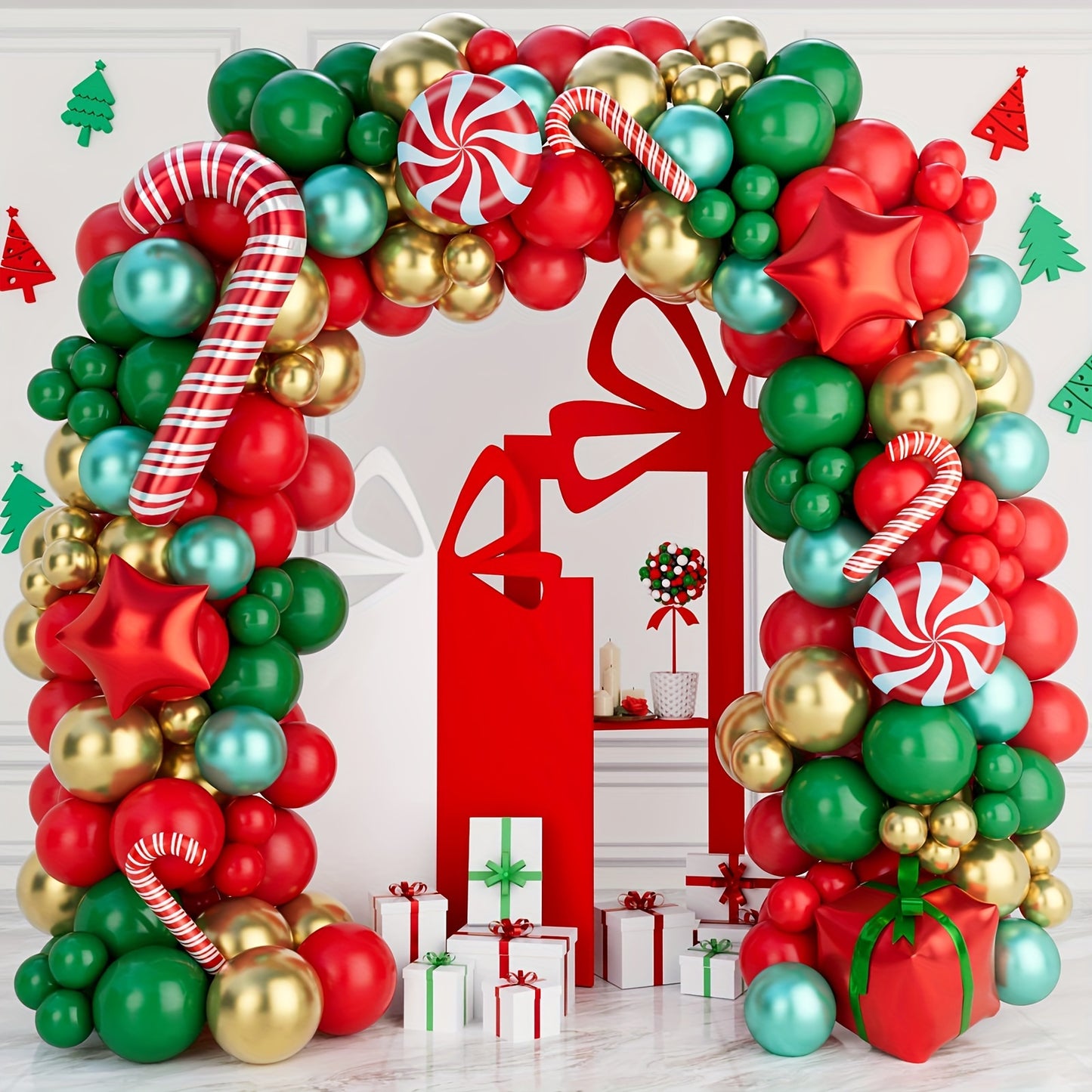 140pcs Golden Foil Latex & Aluminum Balloon Garland Arch Kit for Xmas Party Decorations with Candy Cane & Gift Box Balloons, Red, Green, Includes Balloon Tying Tools
