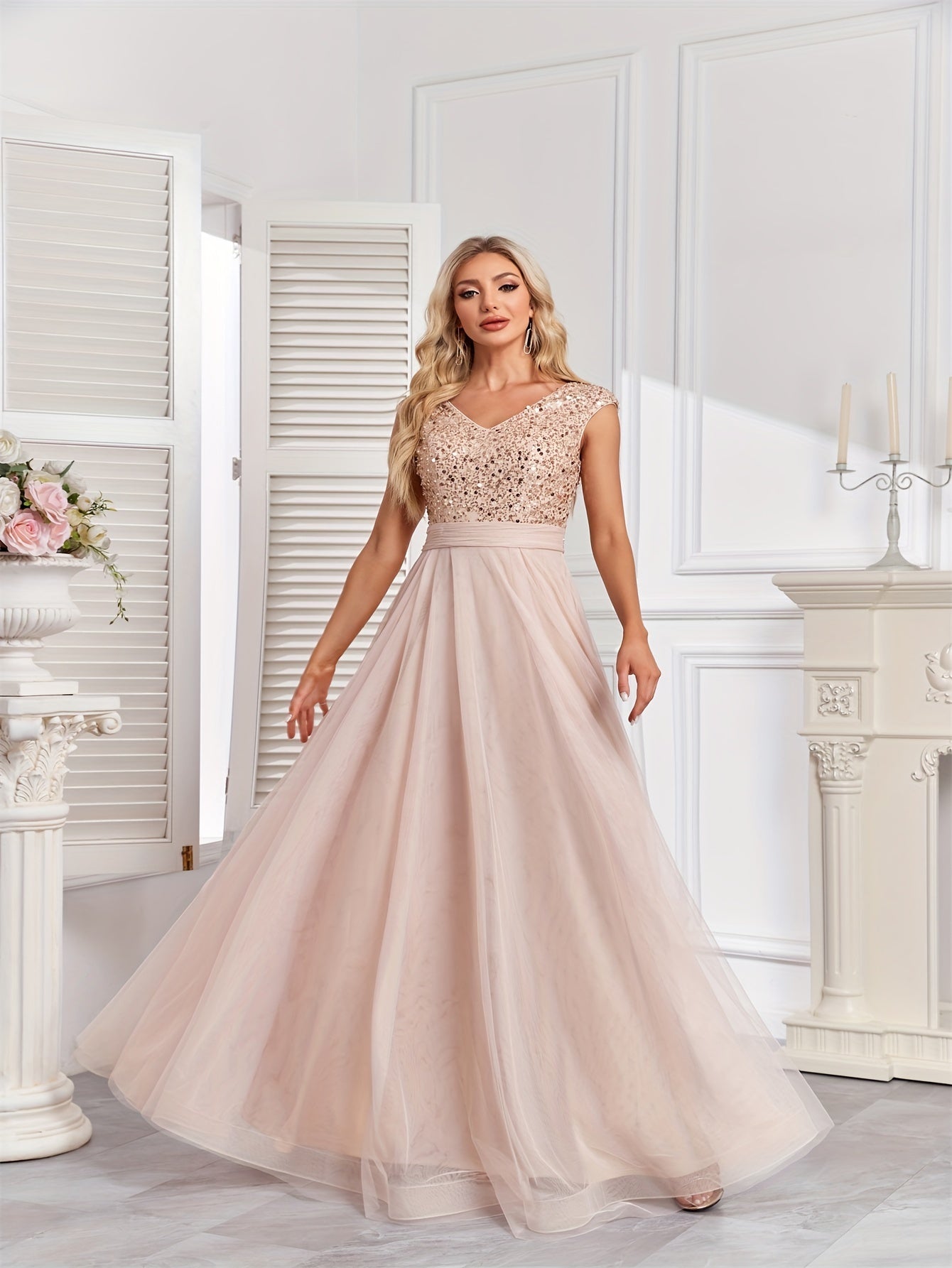 Long Sleeveless Elegant A-line Floor Length Sequin V-neck Formal Dress for Women - Shining Contrast Sequin Details, Micro Elasticity, and Loose Silhouette - Polyester Material, Hand Wash, and Perfect for Party & Banquet