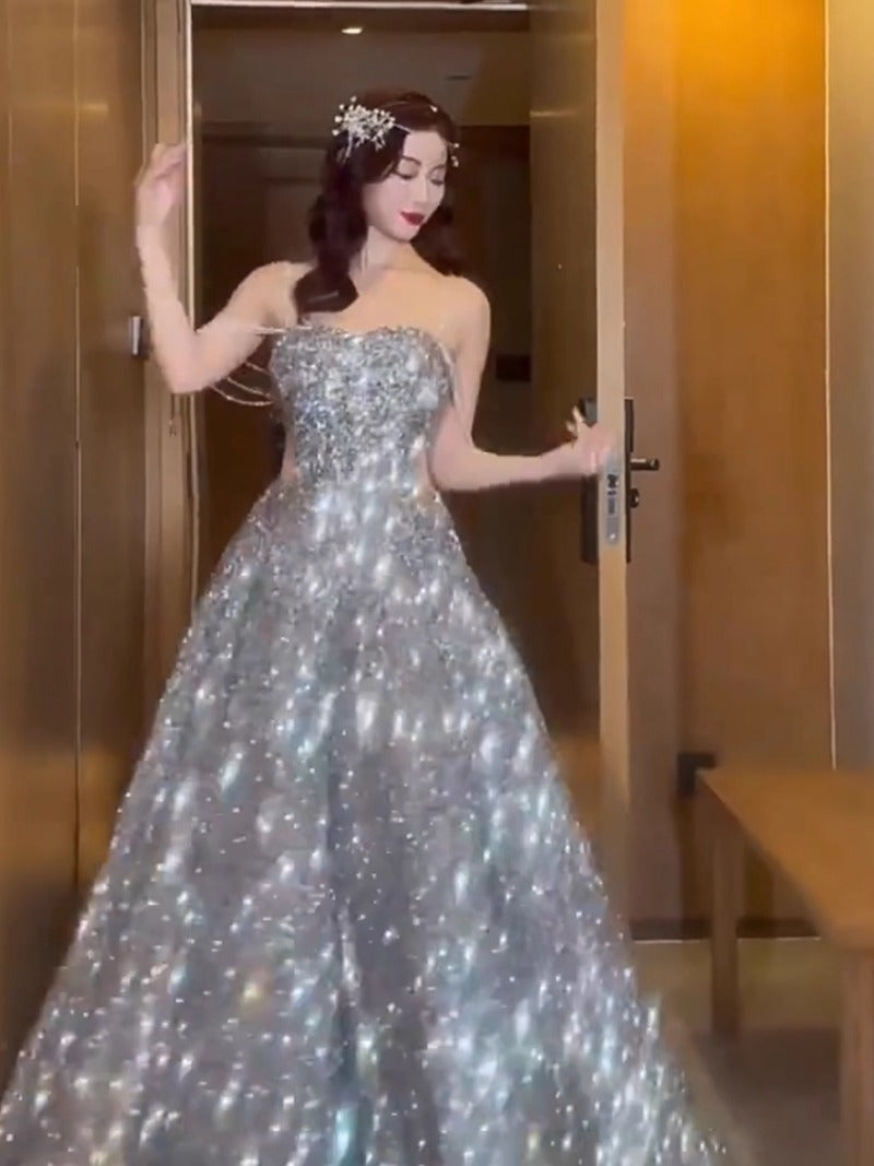 Evening Dress Female Senior Sense Hosting Student Day Bar Mitzvah Art Exam Bright Silver Toasting Dress Bridal Princess Dress