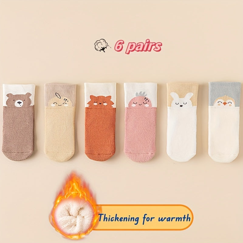 6 Pairs Of Baby's Toddler's Thickened Crew Socks, Cute Cartoon Pattern, Soft Comfy Warm Thermal Socks For Autumn And Winter