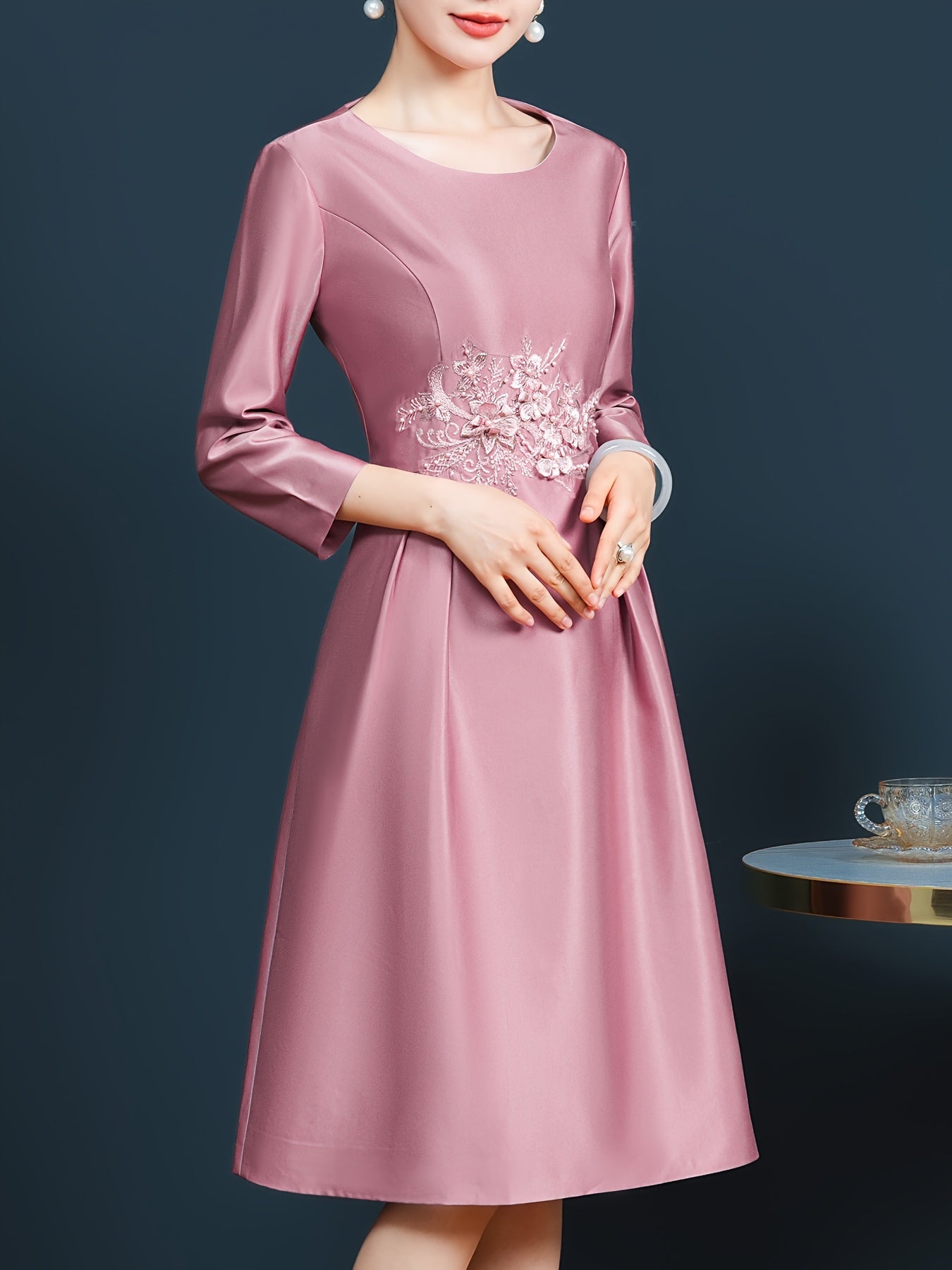 Pink embroidered 3/4 sleeve dress mid-length hem slimming, Mother of the bride wedding guest dress elegant