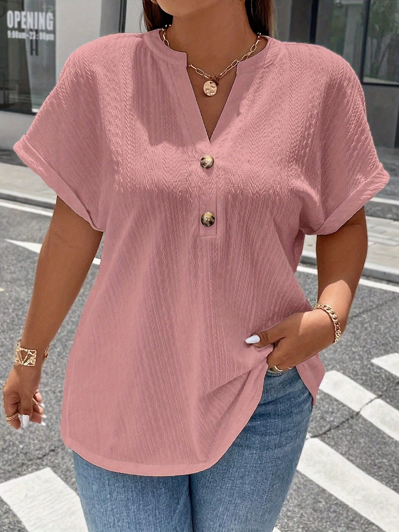 ZllKl Plus Size Simple Solid Blouse, Casual V Neck Short Sleeve Blouse For Spring & Summer, Women's Plus Size Clothing