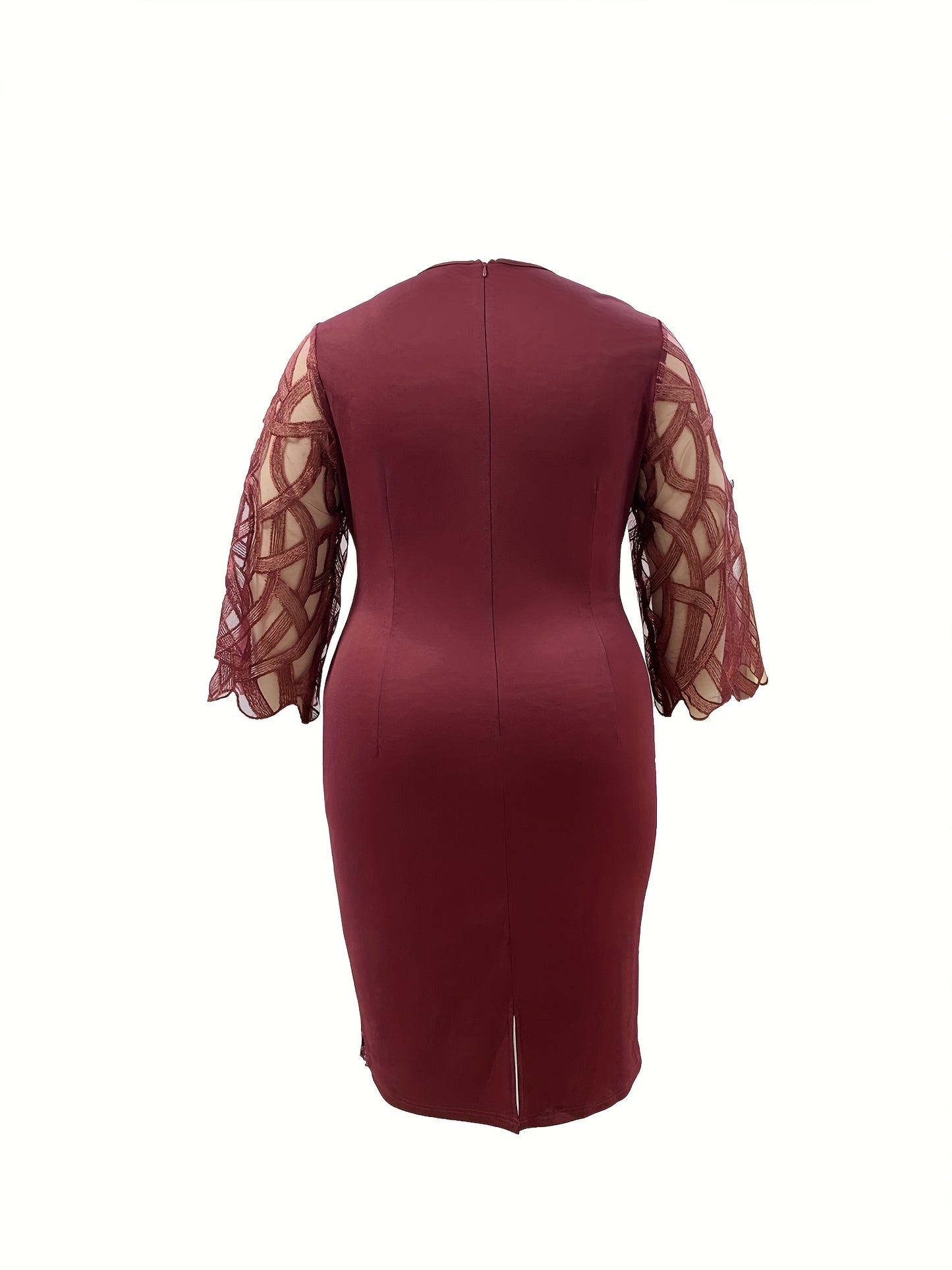 Plus Size Midi Fitted Bodycon Dress - Elegant Crew Neck, Three Quarter Sleeve, Slight Stretch, Contrast Sequin Stitching, Solid Color, Polyester, Hand Wash, Spring/Summer, Mature Occasion