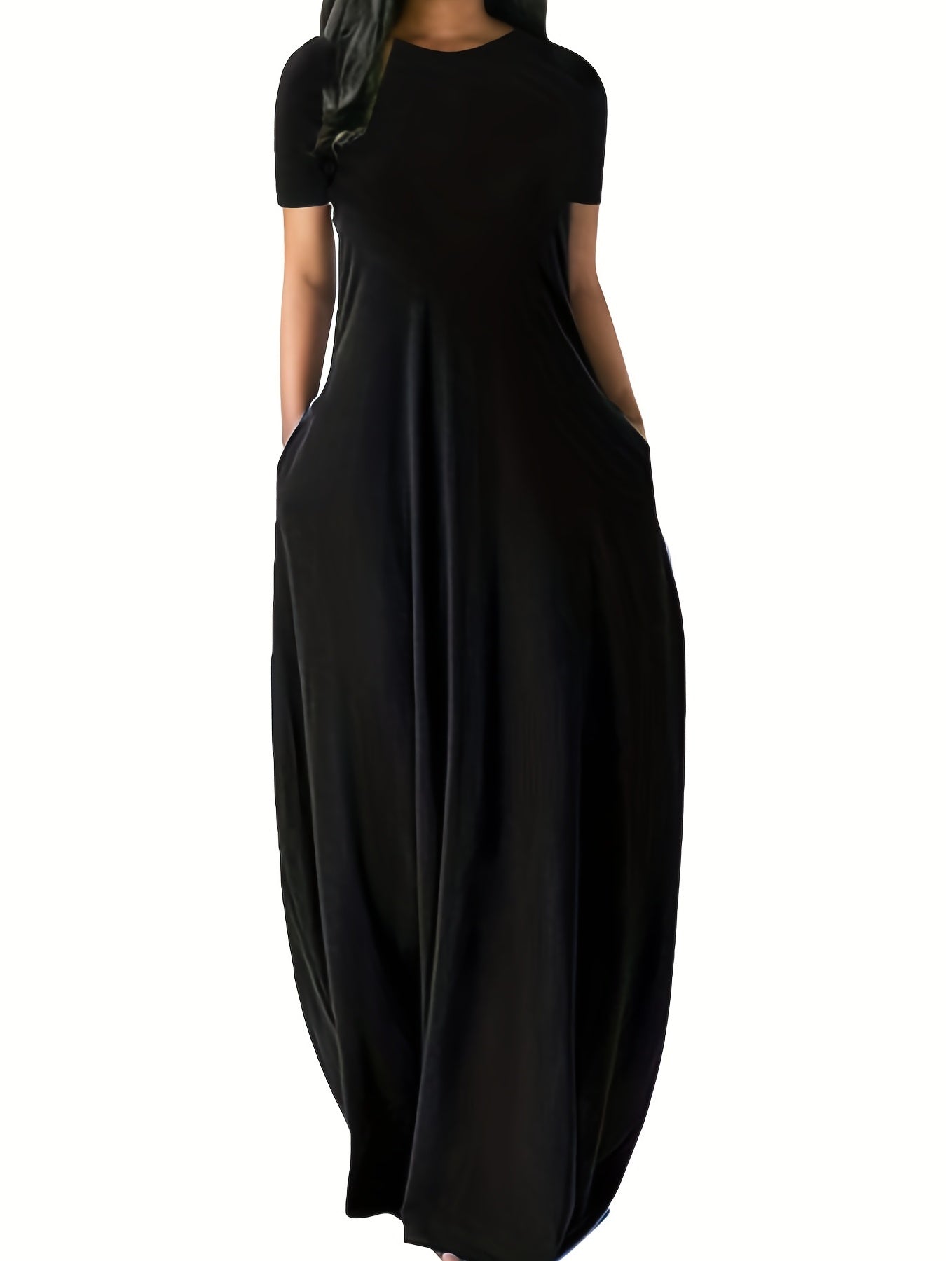 Plus Size Womens Casual Maxi Dress - Flattering Solid Color, Comfortable Round Neck, Flowy Loose Fit with Handy Pockets, Short Sleeves