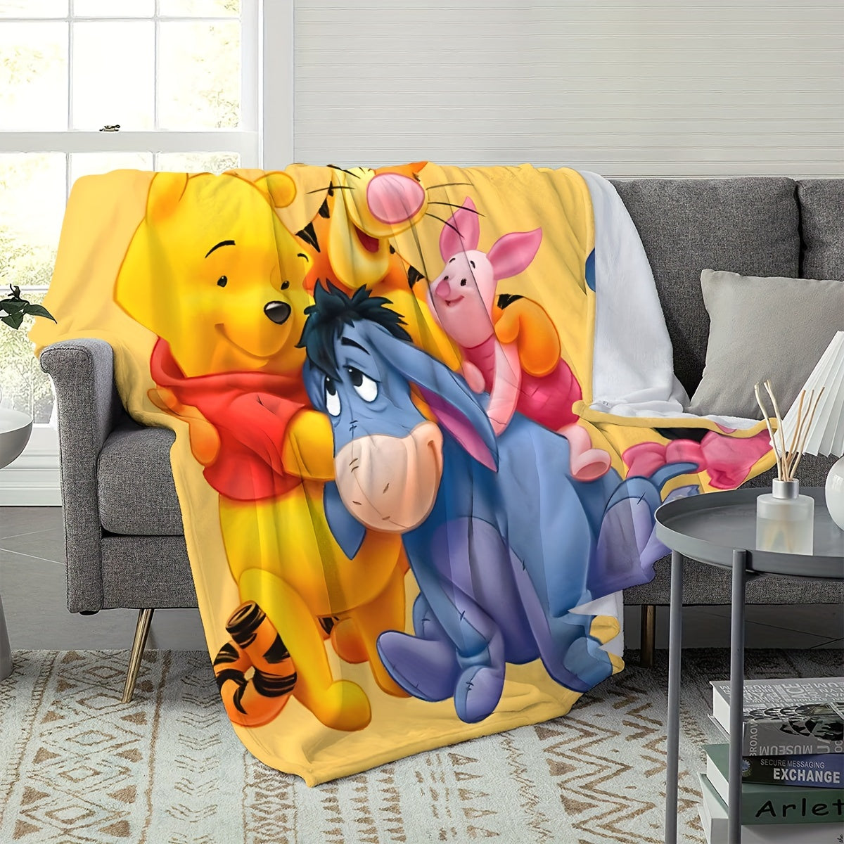 UME Cozy Flannel Throw Blanket - Winnie the Pooh, Tigger & Piggy Cartoon Design | Versatile All-Season Use for Couch, Bed, Office | Dry Clean Only