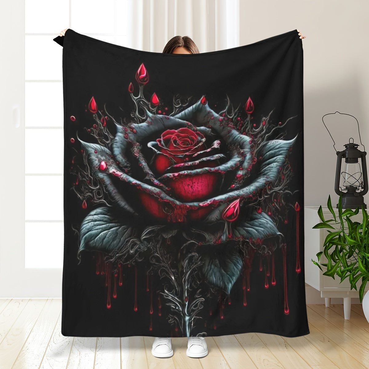 1pc Goth Black Rose Printed Flannel Blanket For Sofa Bed Office Shawl Cover Legs Picnic Camping Multi-purpose Comfortable Soft Blanket