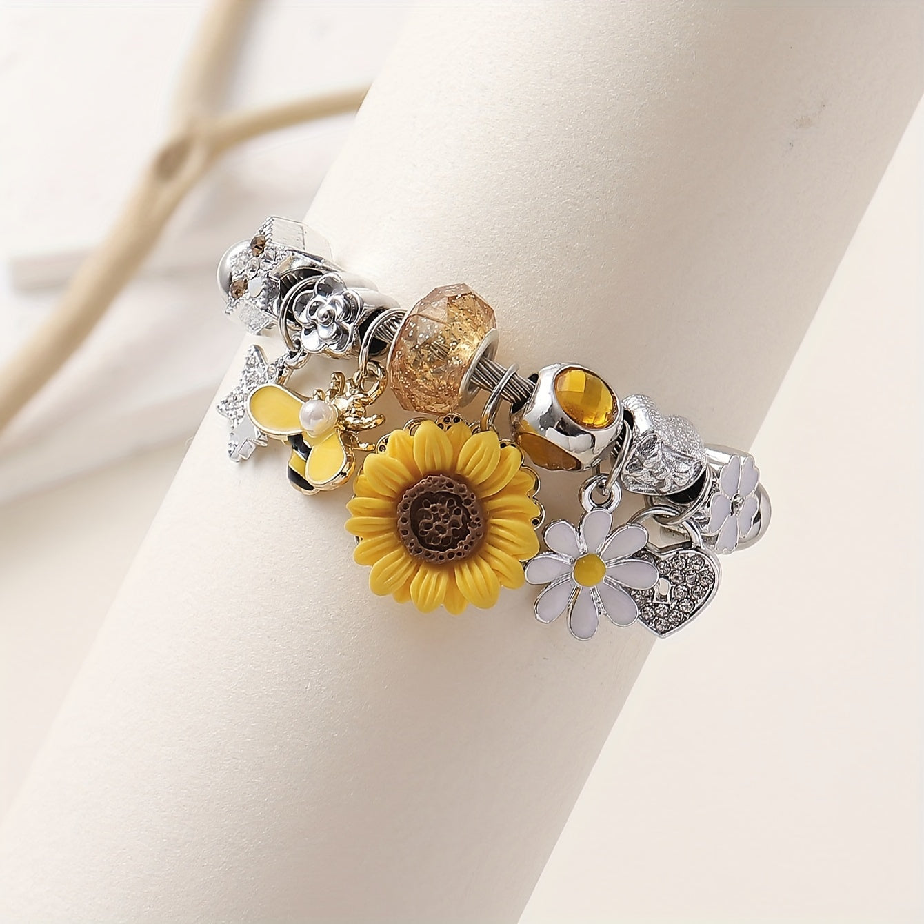 Elegant Sunflower & Bee Charm Bracelet With Rhinestones - Stainless Steel, Perfect For Parties, Proms, And Casual Attire