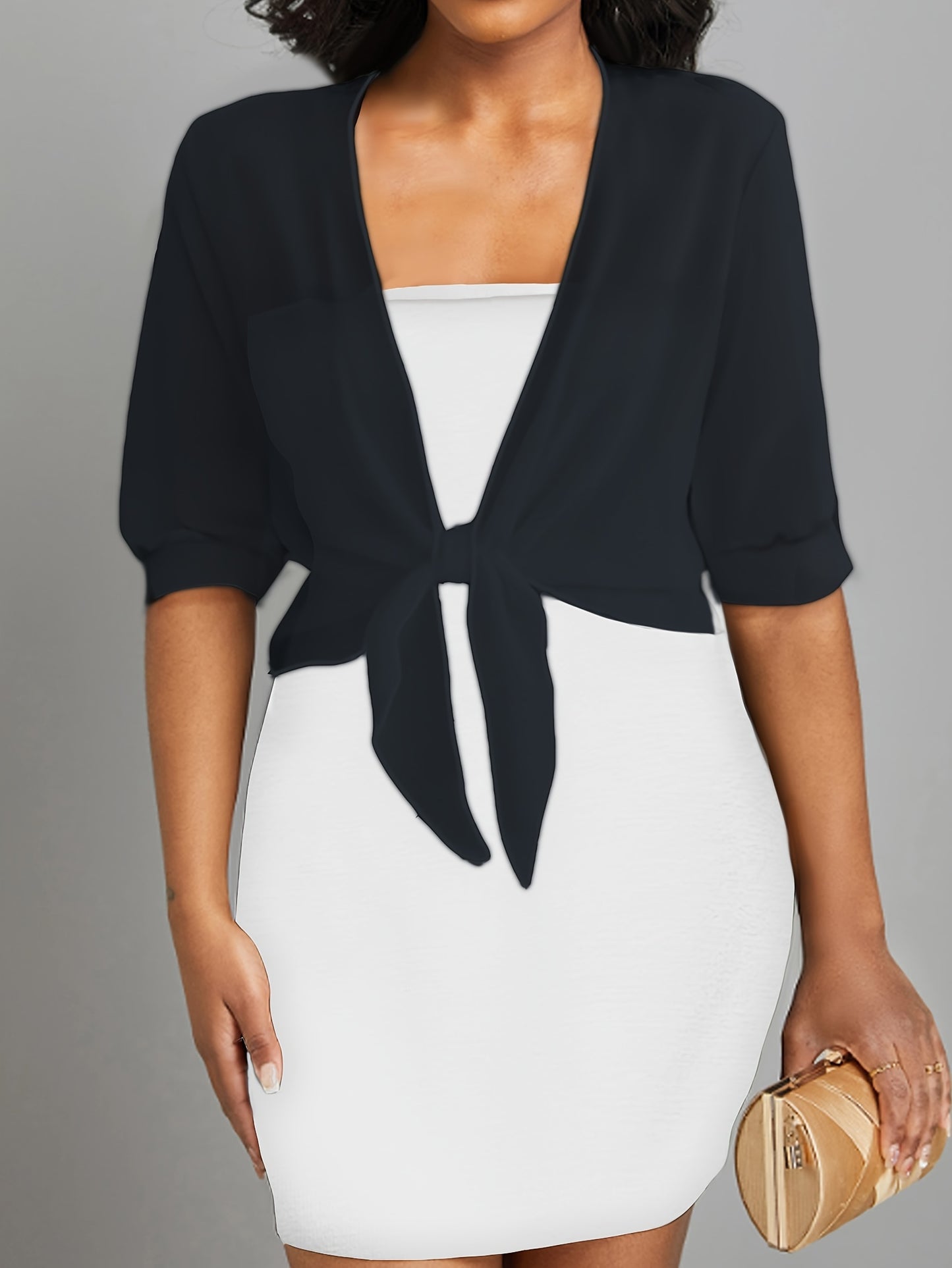 ZllKl Tie Front Semi-Sheer Blouse, Elegant Open Front Shawl Blouse, Women's Clothing