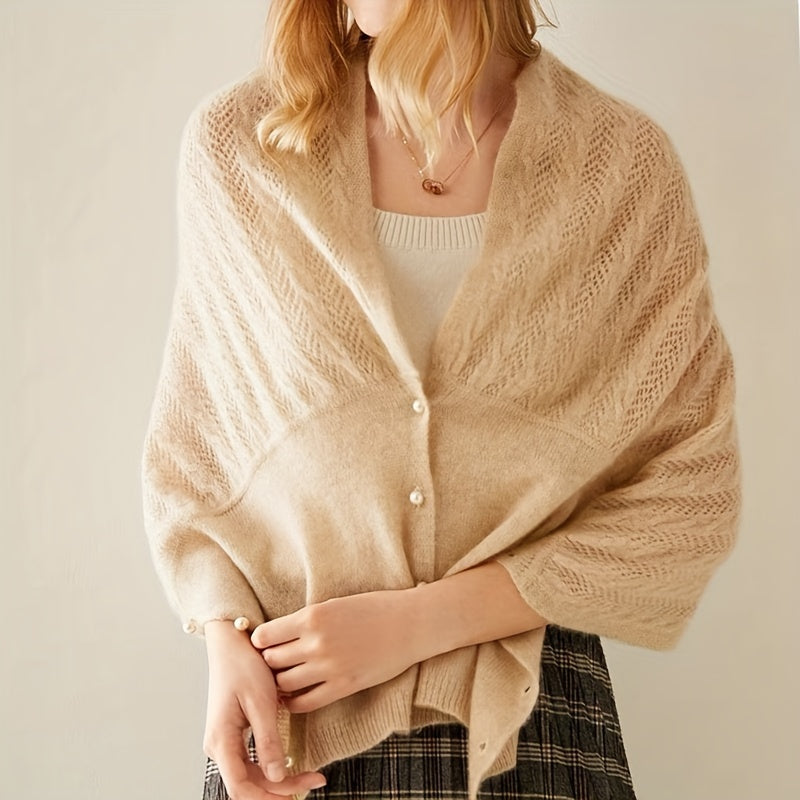 Luxurious Knitted Shawl Wrap - Soft, Twisted Flower Design with Faux Pearls, Versatile Autumn and Winter Accessory for Office, Casual Daily Wear, and Outdoor Activities - Perfect Gift for Women and Ladies