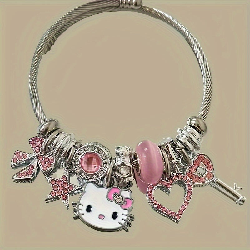 Stunning Sanrio Hello Kitty Mosaic Zircon Alloy Bracelet - Sparkling Cartoon Bangle for Girls, Unique Sweet Gift Idea with No Plating, Exquisite Detailing