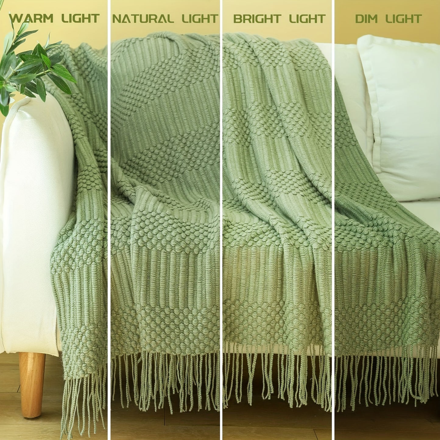 1pc Soft & Cozy Textured Knitted Throw Blanket - Perfect for Sofa and Couch Decor - Green and Tan Color Combination - Decorative Accent for Living Room - Soft Brushed Fabric - Easy Care