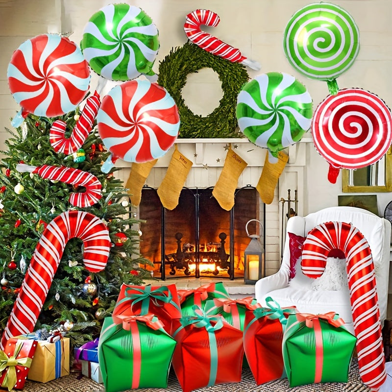 10pcs Large Christmas Candy Cane Foil Balloons with Ribbons - Red & Green, Perfect for Holiday & Birthday Party Decorations
