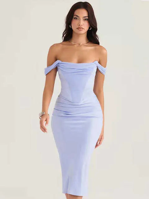 Offer Shoulder Elegant Draped Neck Satin Midi Dress Prom Cocktail Party Dresses For Women Wedding Guest Vestidos
