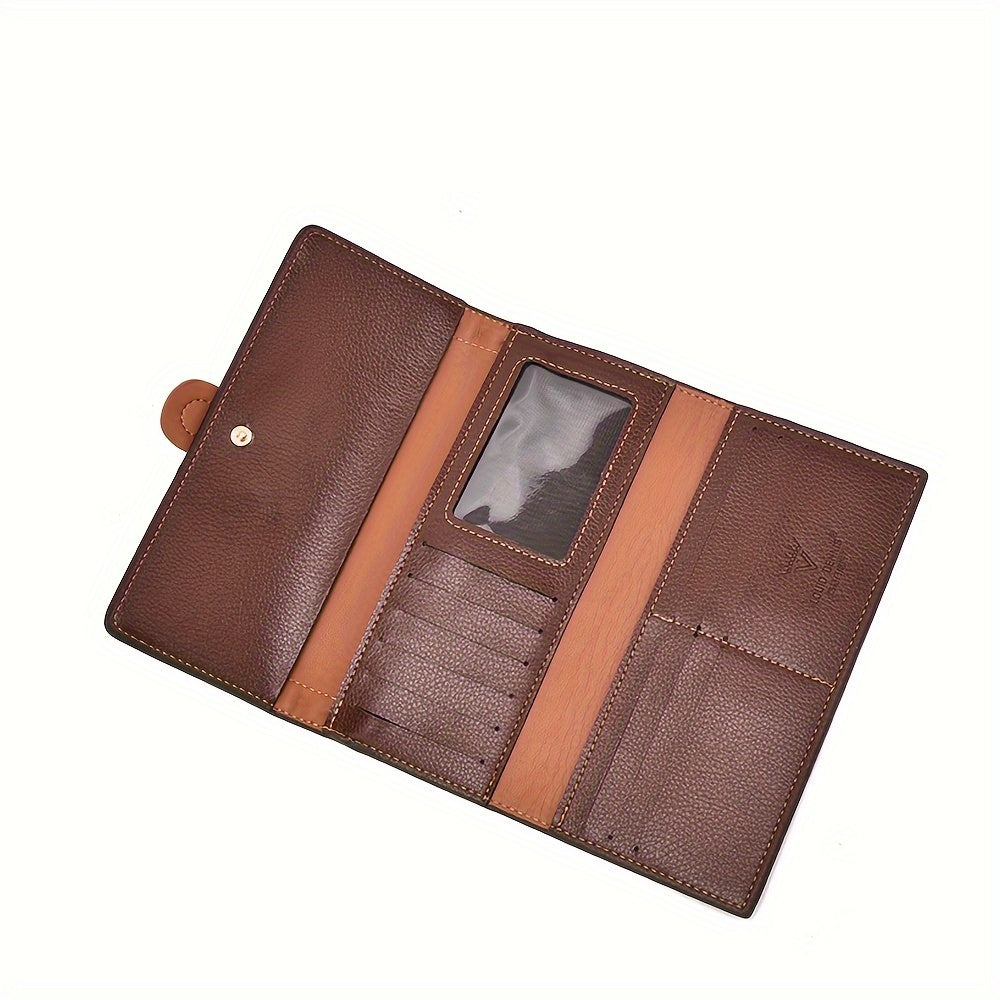 Trendy Classic Long Clutch Wallet, Vintage Print Colorblock Rivets Decor Trifold Coin Purse For Women