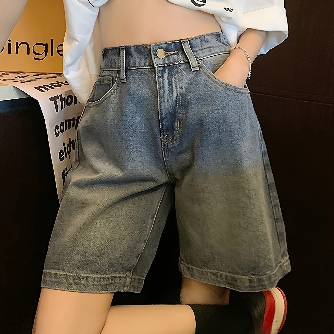 ZllKl High Rise Plain Washed Denim Shorts, Slash Pocket Cuffed Loose Fit Denim Jorts, Women's Denim Jeans & Clothing