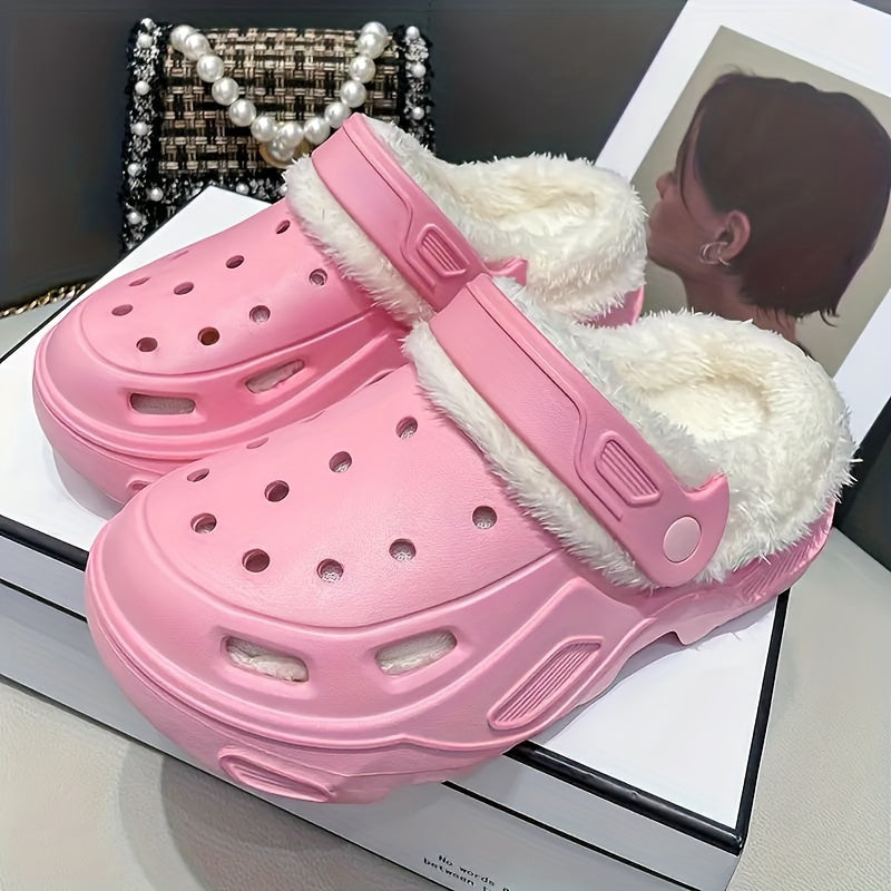 Unisex Plush Lined Clogs, Winter Warm Soft Sole Indoor & Outdoor Shoes, Comfortable Fuzzy Platform Slide Sandals