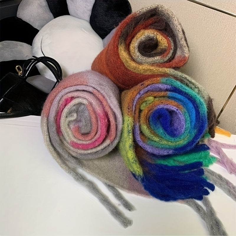 Autumn Winter Rainbow Color Boho Plaid Tassel Chunky Scarf - Soft Imitation Mohair, Eye-Catching Tassel Details, Thick and Plush Design, Long Stylish Neckerchief - Vibrant Shawl for Cold Weather